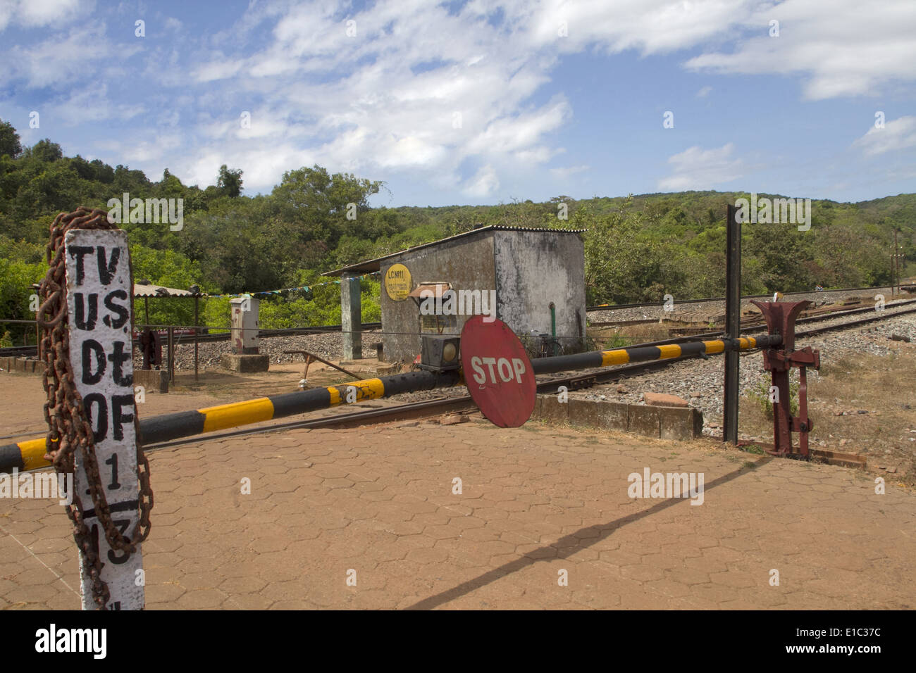 Closed railway gate with a stop sign, Castle Rock , Karnataka, India