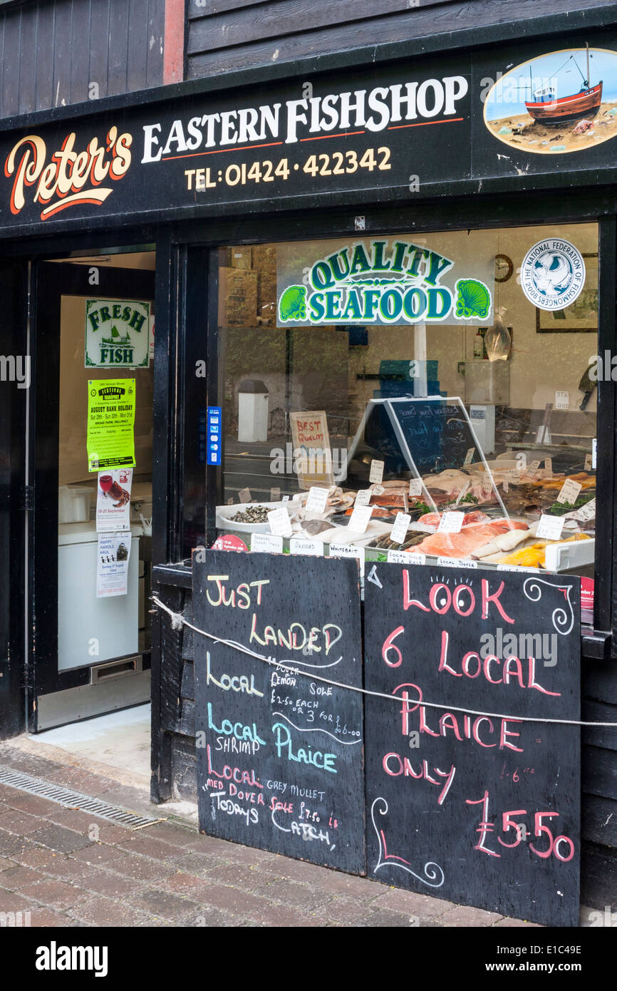 Local fresh fish fishmonger's shop window display, Hastings, Sussex