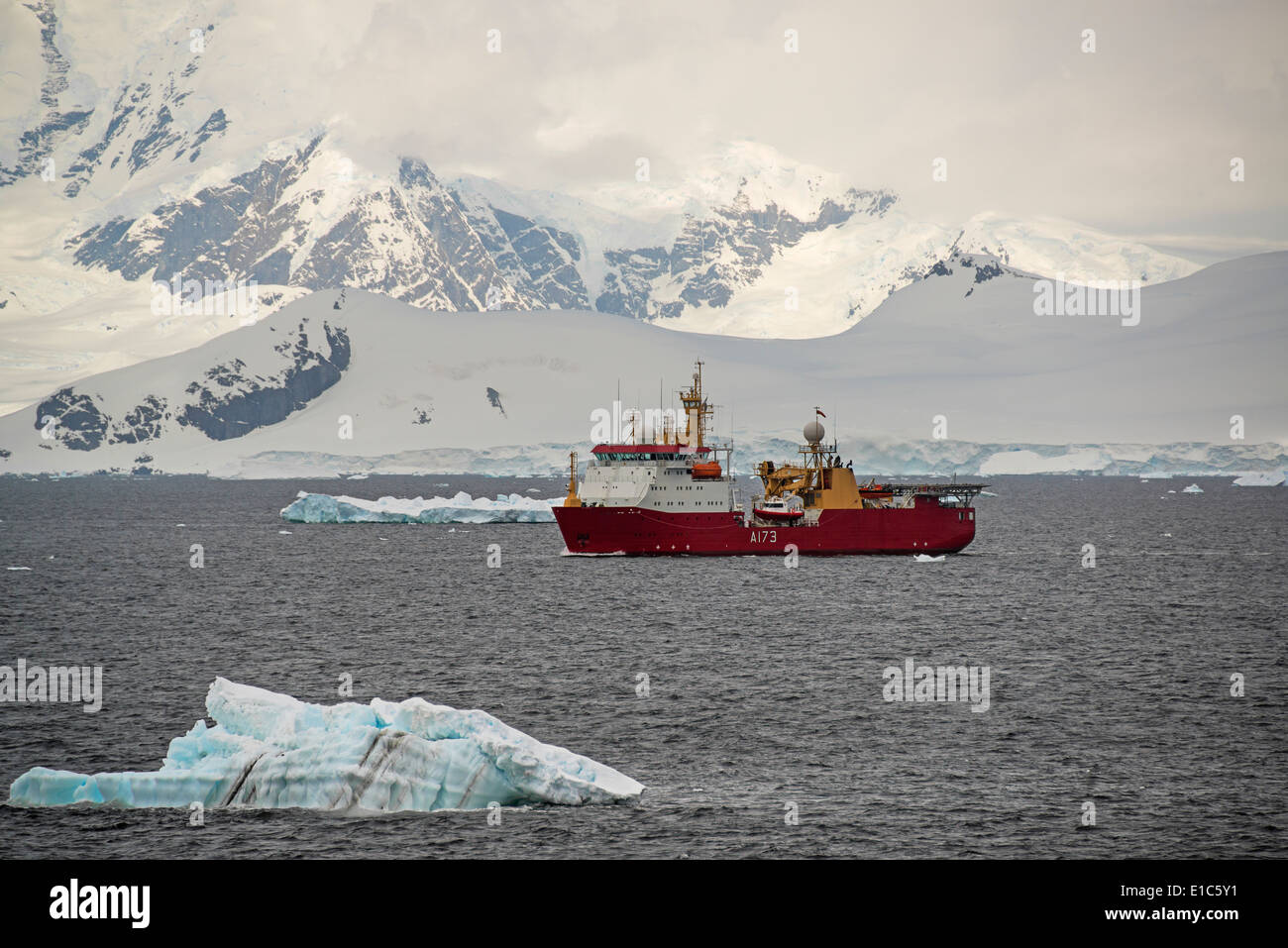 A scientific survey research ship on the water offshore in Antarctica. Stock Photo