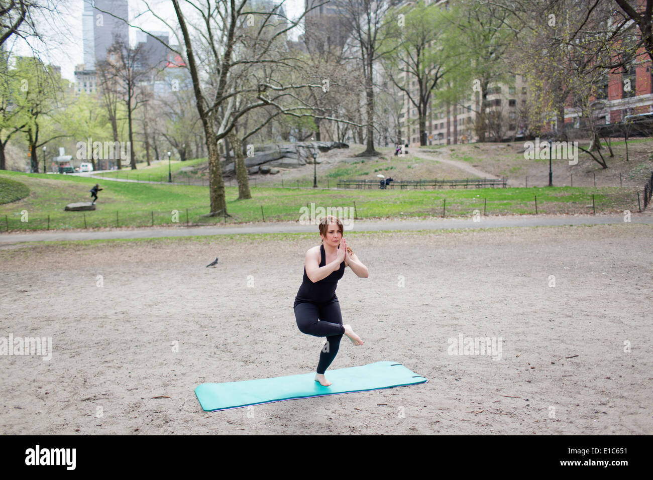 A young woman in Central Park, in a black leotard and leggings, doing yoga. Stock Photo