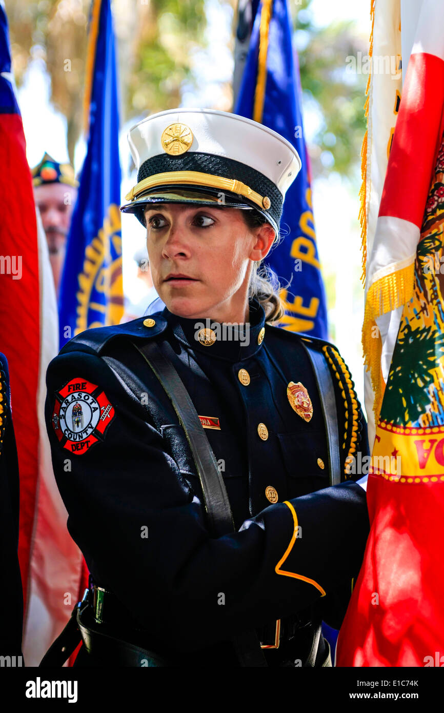 Sarasota Fire Dept servicewoman at the Memorial Day Parade Stock Photo