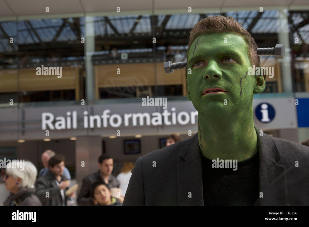 Man dressed up in a Frankenstein costume at Waterloo station on way to the Rugby Sevens tournament. London, UK. Stock Photo