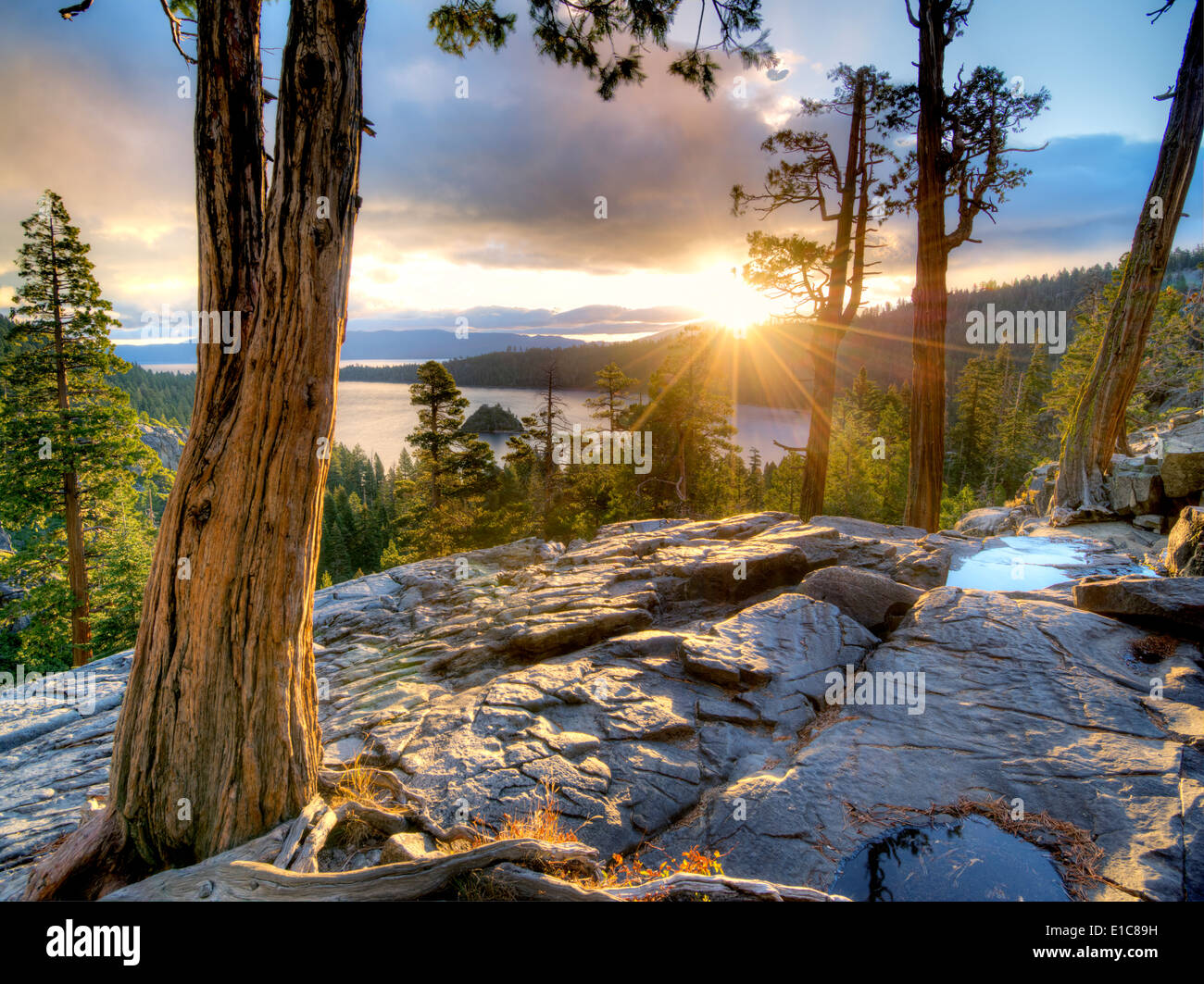 Sunrise over Emerald Bay with Eagle Creek and Fannette Island, Lake Tahoe, California. Stock Photo