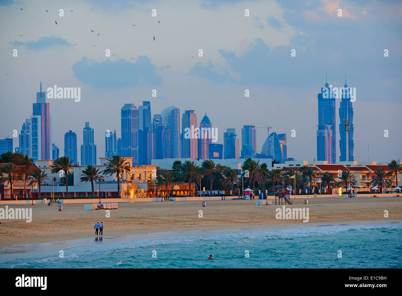 United Arab Emirates, Dubai, Jumeirah neighbourhood, Jumeirah beach and cityscape Stock Photo