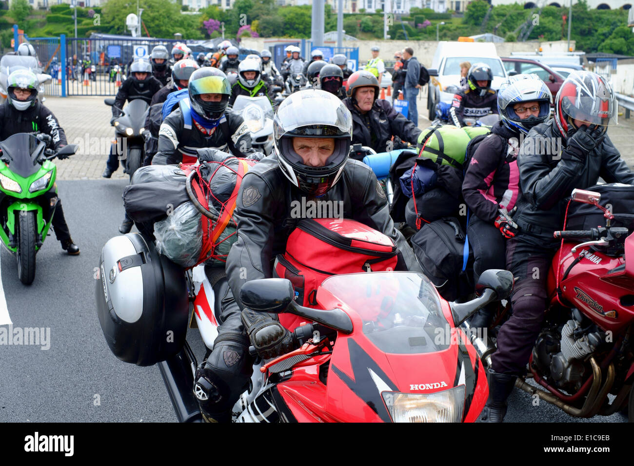 Douglas, Isle of Man. 30th May, 2014. Motorcycling enthusiasts arriving for the 2014 TT. The festival comprises a week of qualifying events followed by a week of racing on closed public roads. Credit:  Daisy Corlett/Alamy Live News Stock Photo