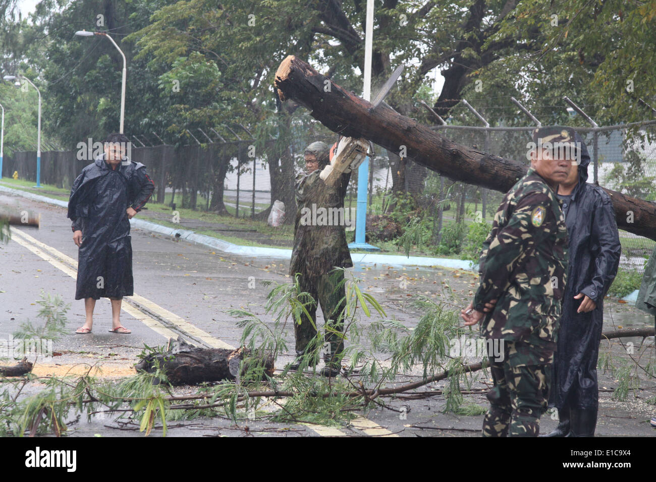 A Philippine airman cuts up a fallen tree Oct. 19, 2010, during recovery efforts following Typhoon Megi at Clark Air Base, Phil Stock Photo