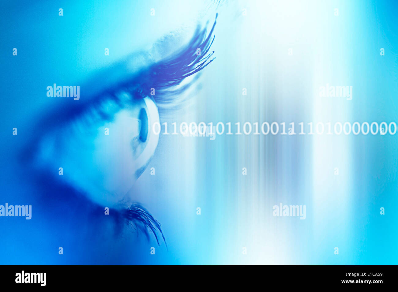 woman eye with binary code emerging from it Stock Photo
