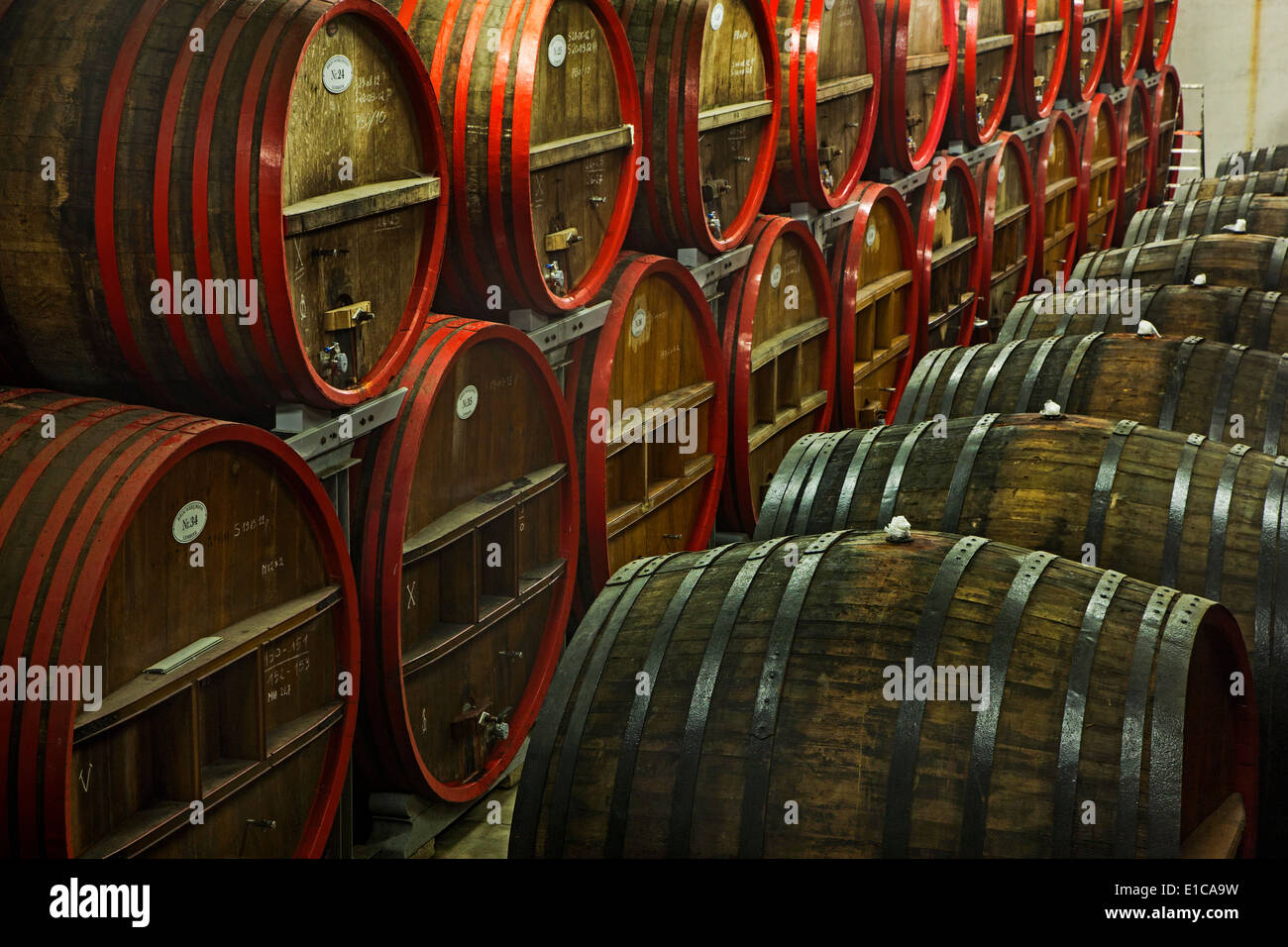 Oak barrels at Brouwerij Boon, Belgian brewery at Lembeek near Brussels