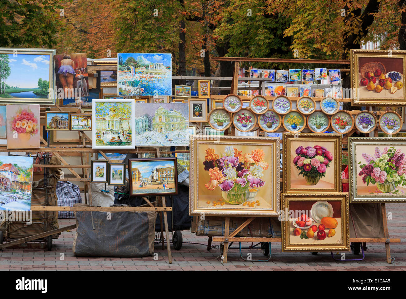 Paintings for sale in Preobrazhensky Cathedral Park, Odessa, Crimea, Ukraine, Eastern Europe Stock Photo