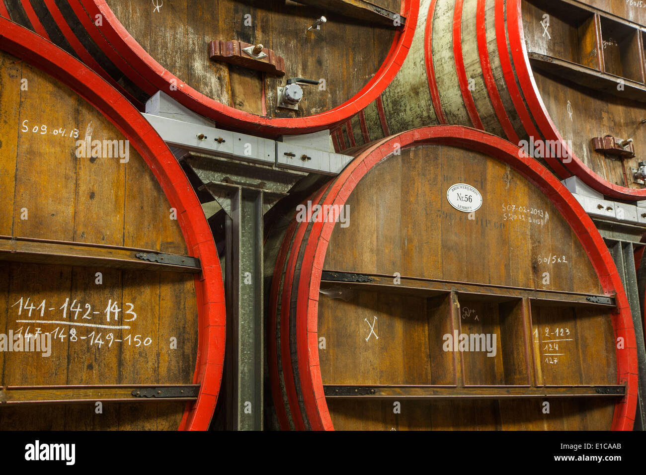 Oak barrels at Brouwerij Boon, Belgian brewery at Lembeek near Brussels, producer of geuze and kriek beer Stock Photo