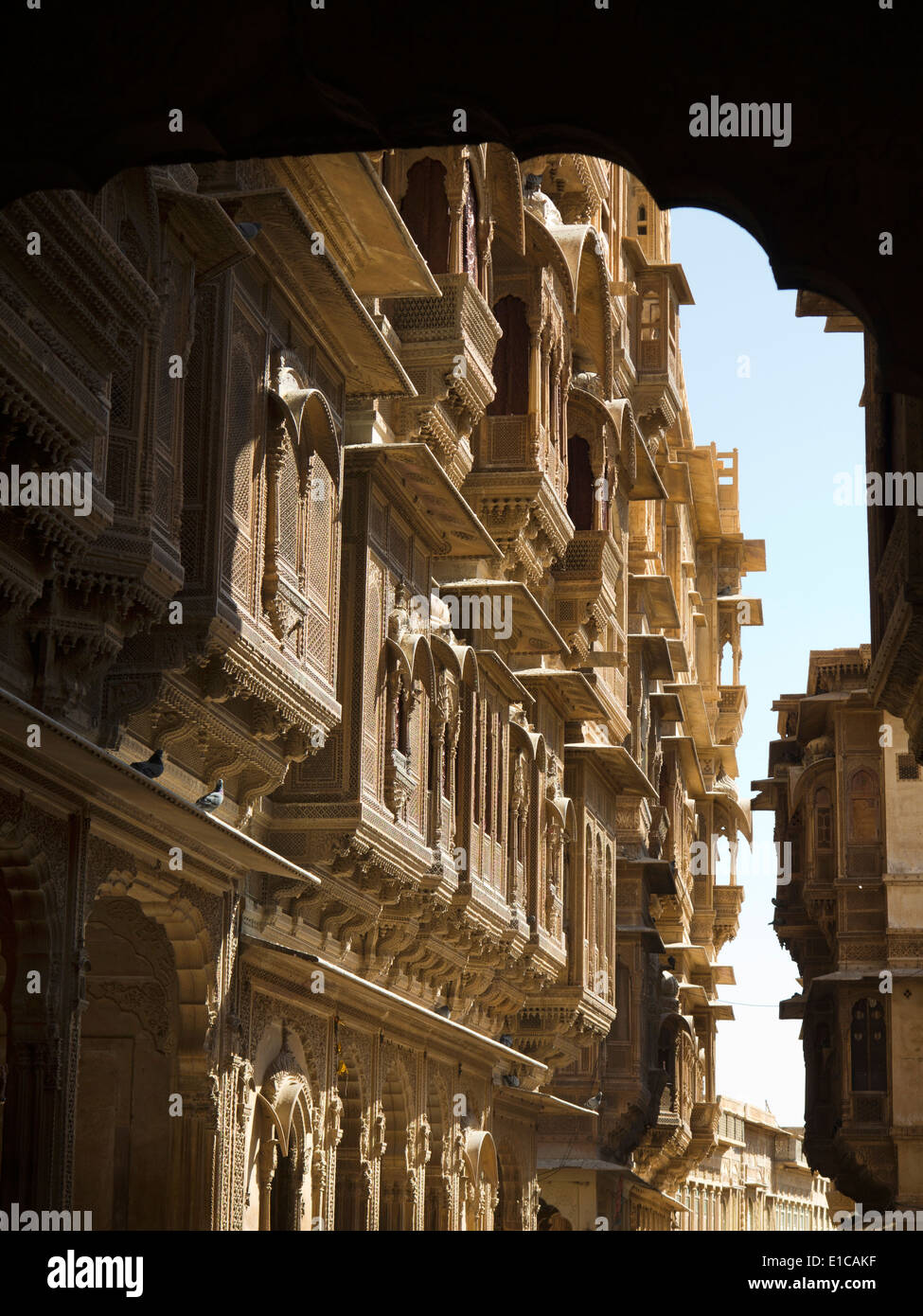 India, Rajasthan, Jaisalmer, Patwon Ki Haveli, ornately decorated historic former merchant’s house Stock Photo