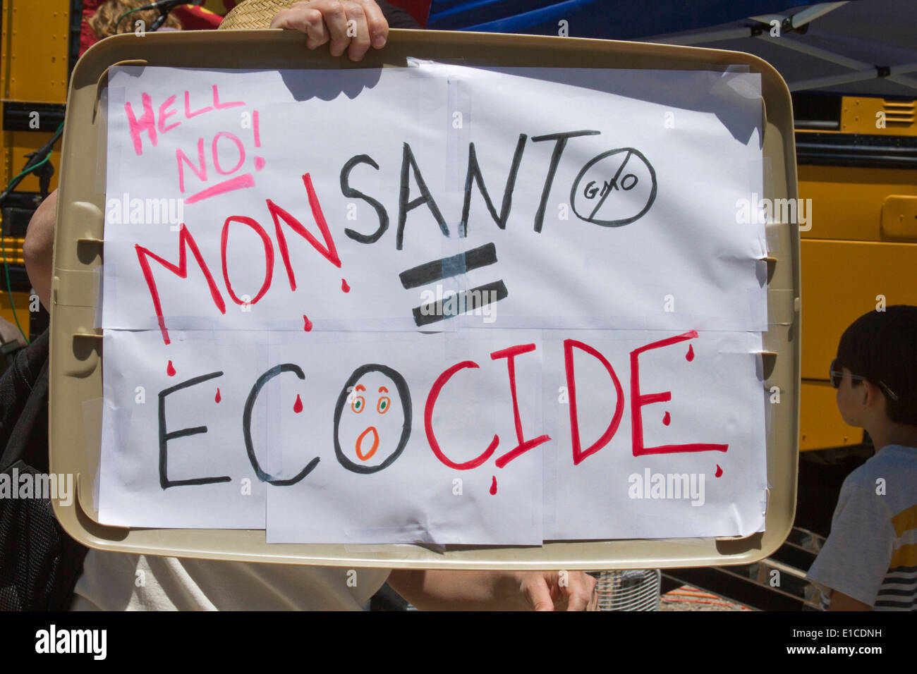 Close up of a sign saying 'HELL NO! MONSANTO = ECOCIDE!' at an anti GMO and Monsanto rally in Asheville, NC Stock Photo