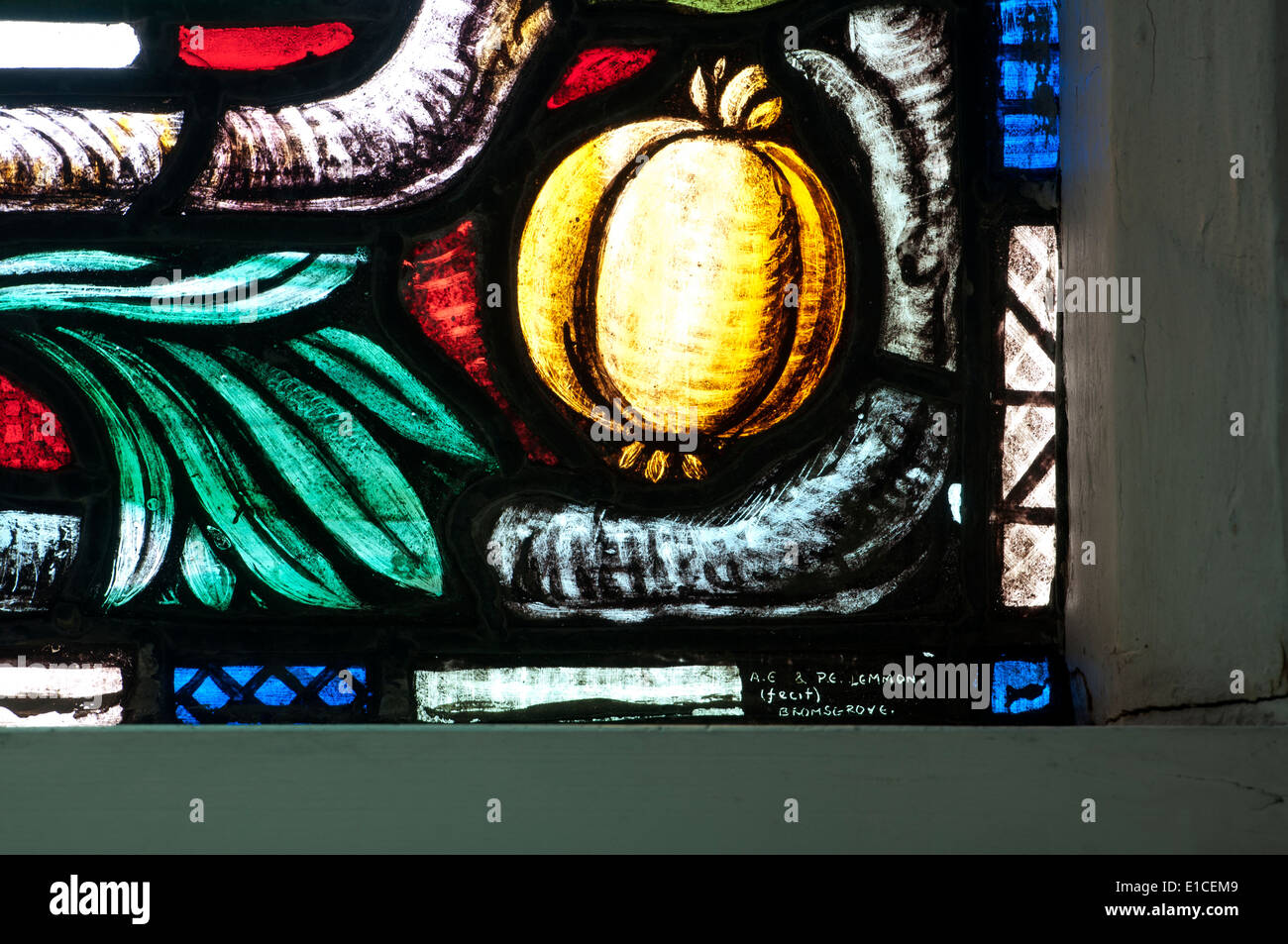 Saint Andrew window detail with Lemmon signature, Christ Church, Lye, West Midlands, England, UK Stock Photo