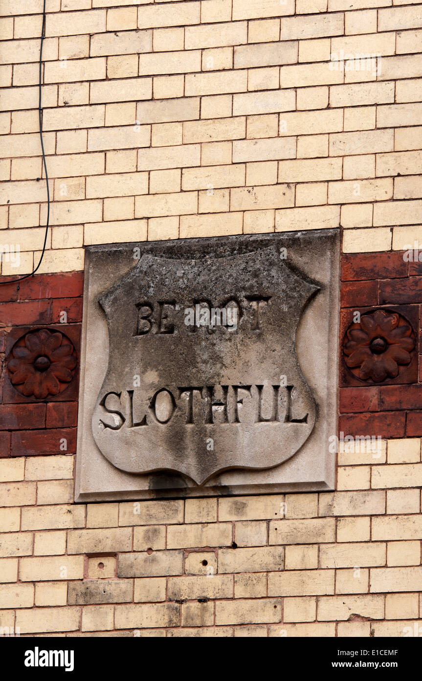 'Be not slothful' plaque, High Street, Lye, West Midlands, England, UK Stock Photo