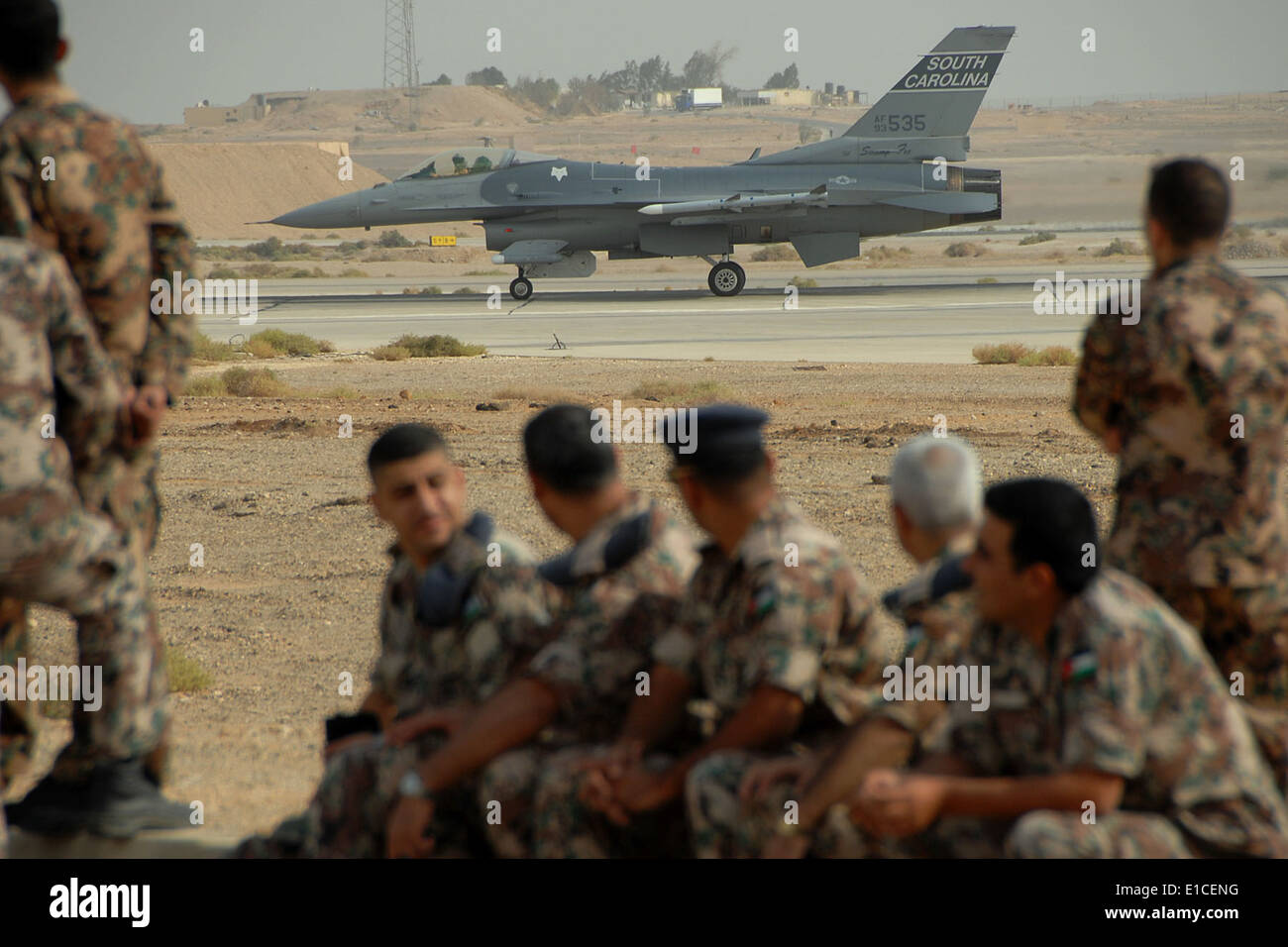 U.S. Air Force Lt. Col. Scott Bridgers and Maj. Michael Ferrario prepare to takeoff from Mwaffaq Salti Air Base in Al Azraq, Jo Stock Photo