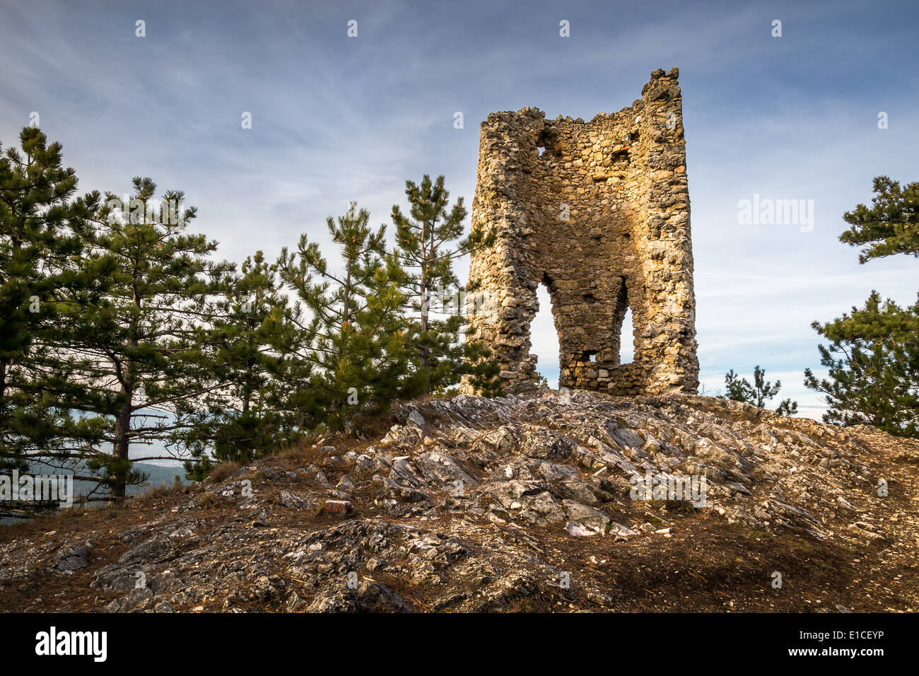Ruins of a Castle on a Rockface in Gleissenfeld, Austria, Located in Nature Park Seebenstein-Turkensturz. Stock Photo
