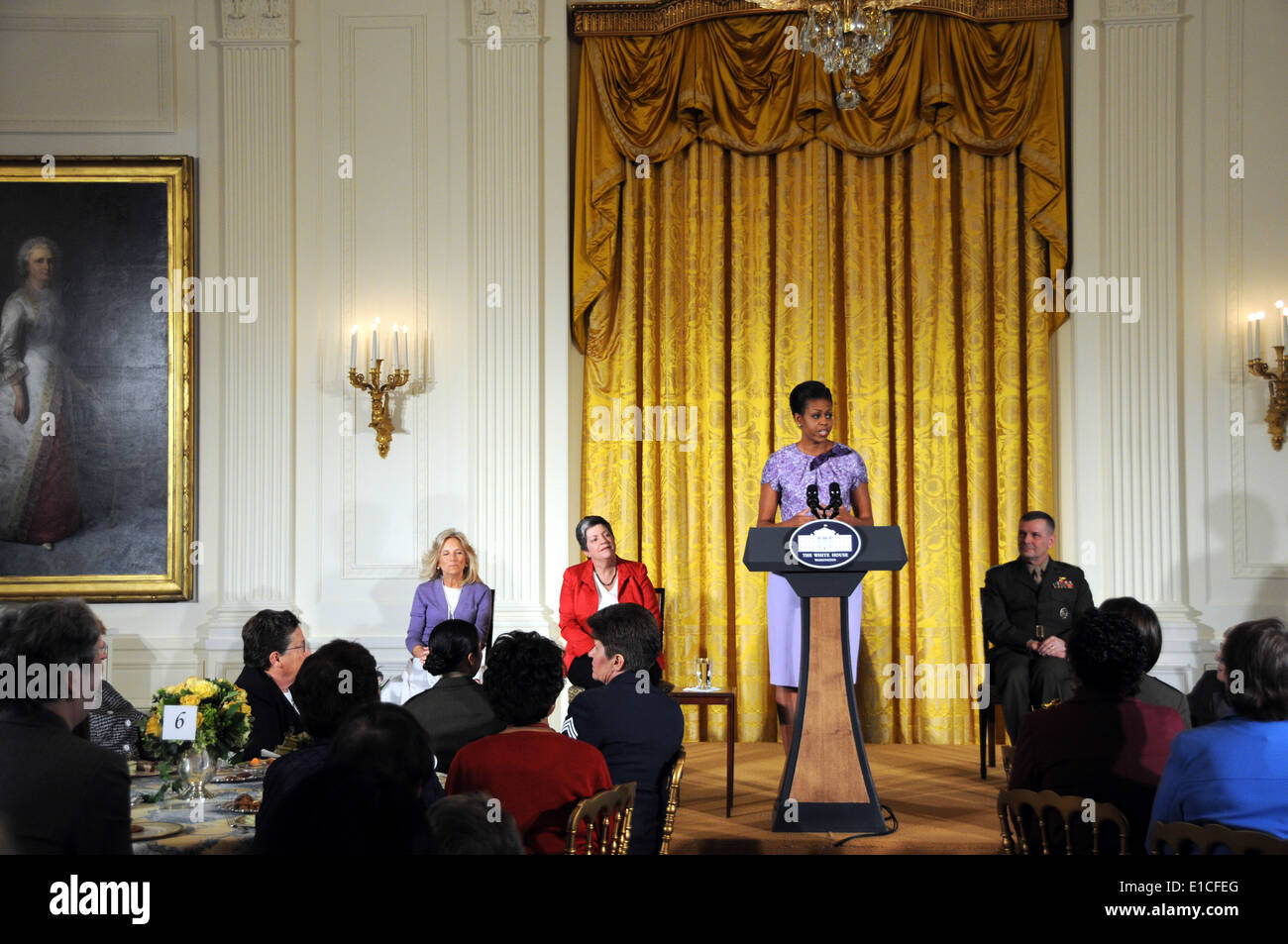 First lady Michelle Obama addresses guests during an afternoon tea with female U.S. service members at the White House Nov. 18, Stock Photo