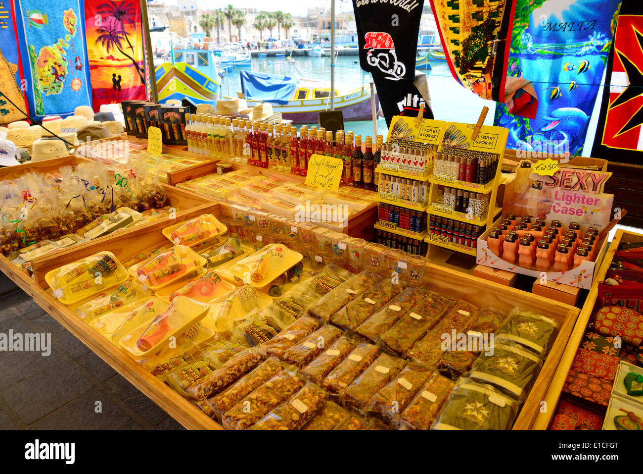 Food and drink stall, Marsaxlokk Market, Marsaxlokk, South Eastern District, Malta Xlokk Region, Republic of Malta Stock Photo