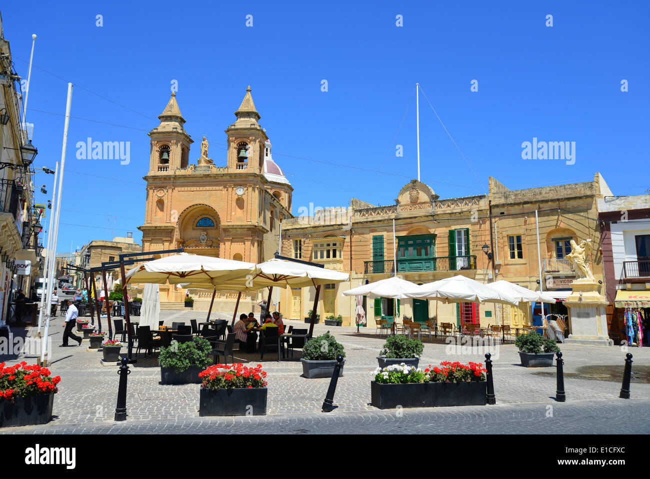 Church of Our Lady of Pompeii and market, Marsaxlokk, South Eastern District, Malta Xlokk Region, Republic of Malta Stock Photo