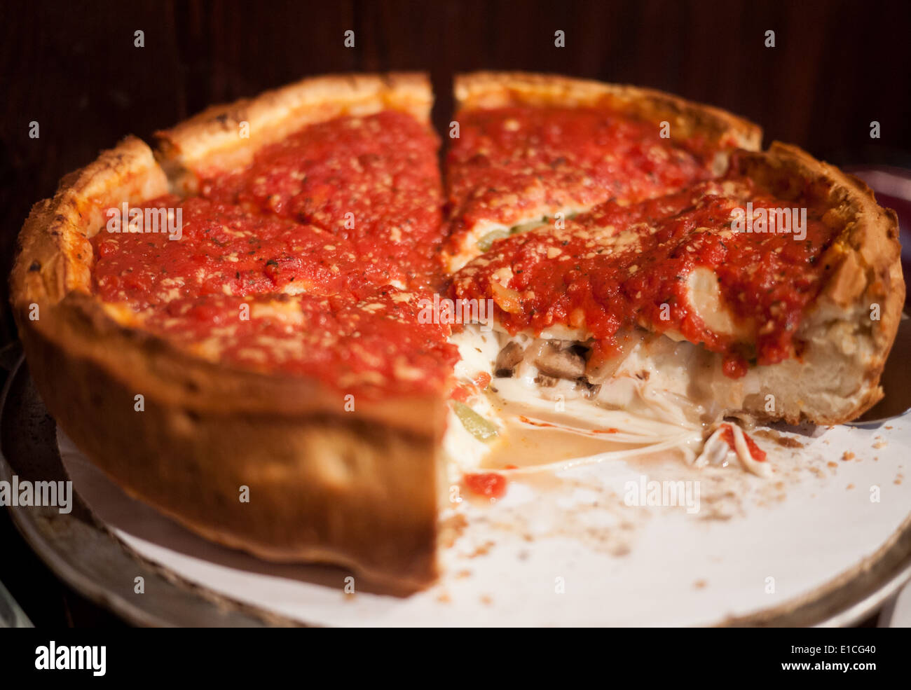 A Chicago-style, deep dish stuffed pizza from Giordano's Pizzeria in Chicago, Illinois. Stock Photo