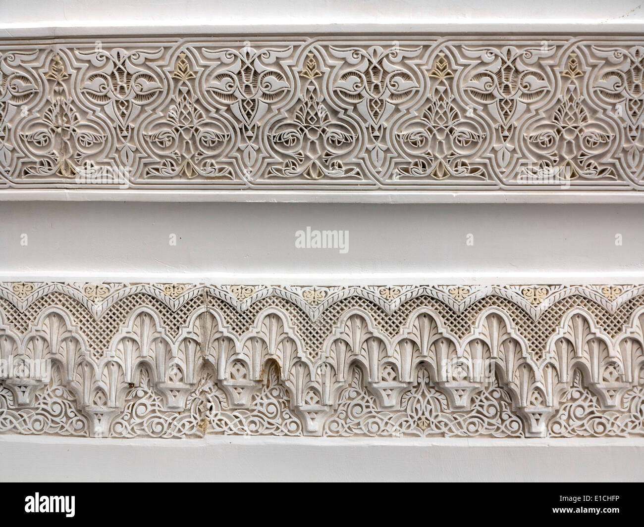 Close up detail of carved Moroccan cornice plasterwork and Stucco Stock Photo