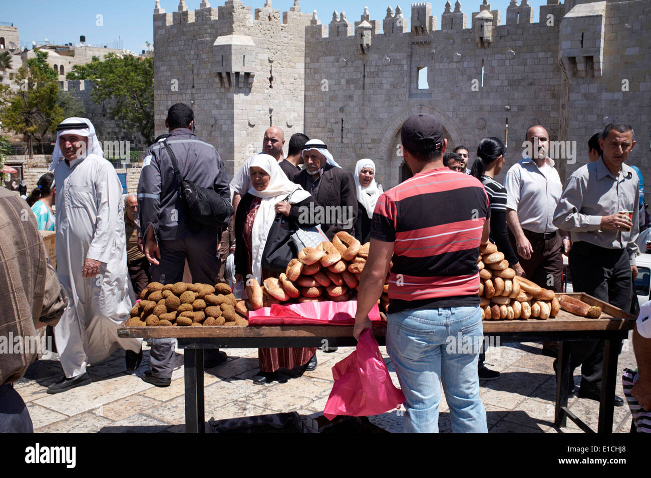 Bread seller outside the Damascus Gate, Jerusalem, Israel Stock Photo