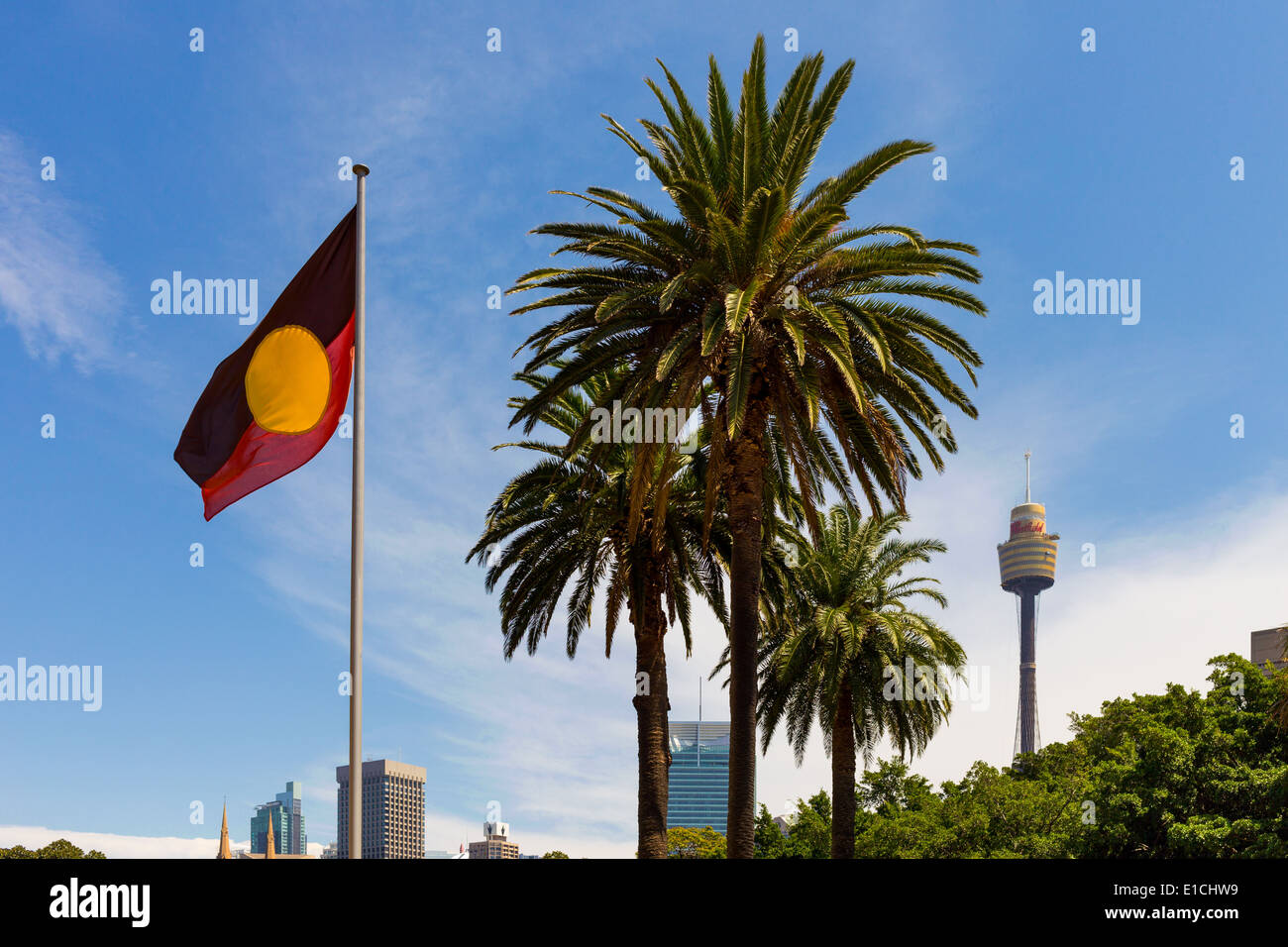Aboriginal Flag with Sydney Tower in background Stock Photo