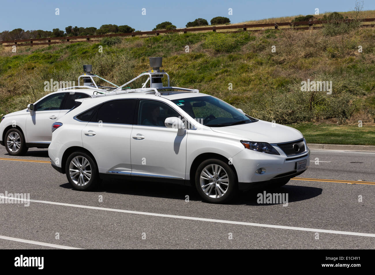 Google Mountain View Two Self Driving Cars in Opposite Directions Stock