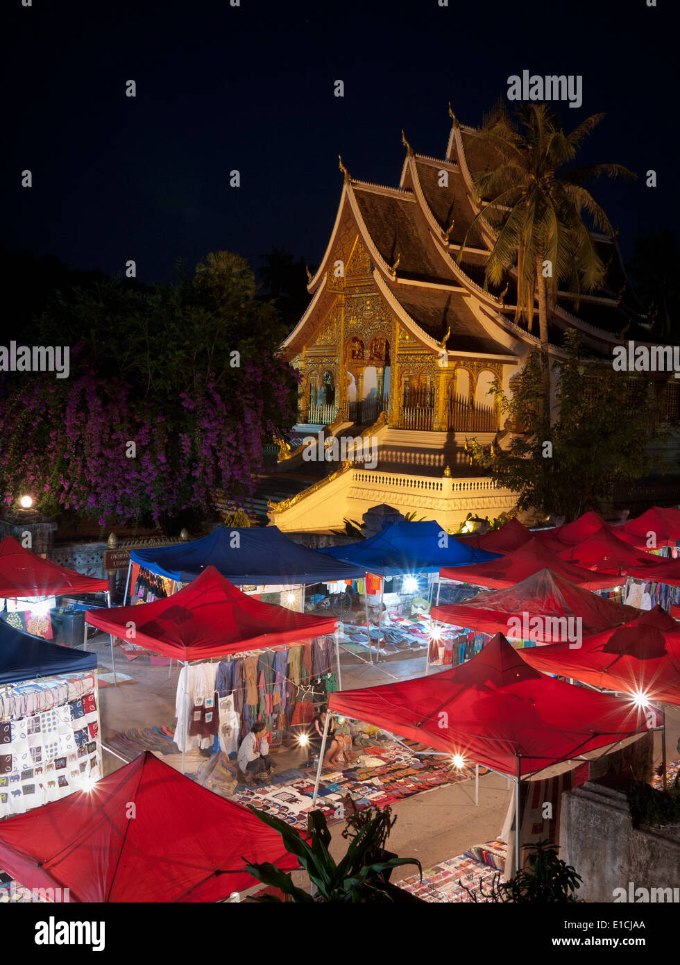 A view of the Luang Prabang Night Market. Haw Pha Bang (the Golden Hall