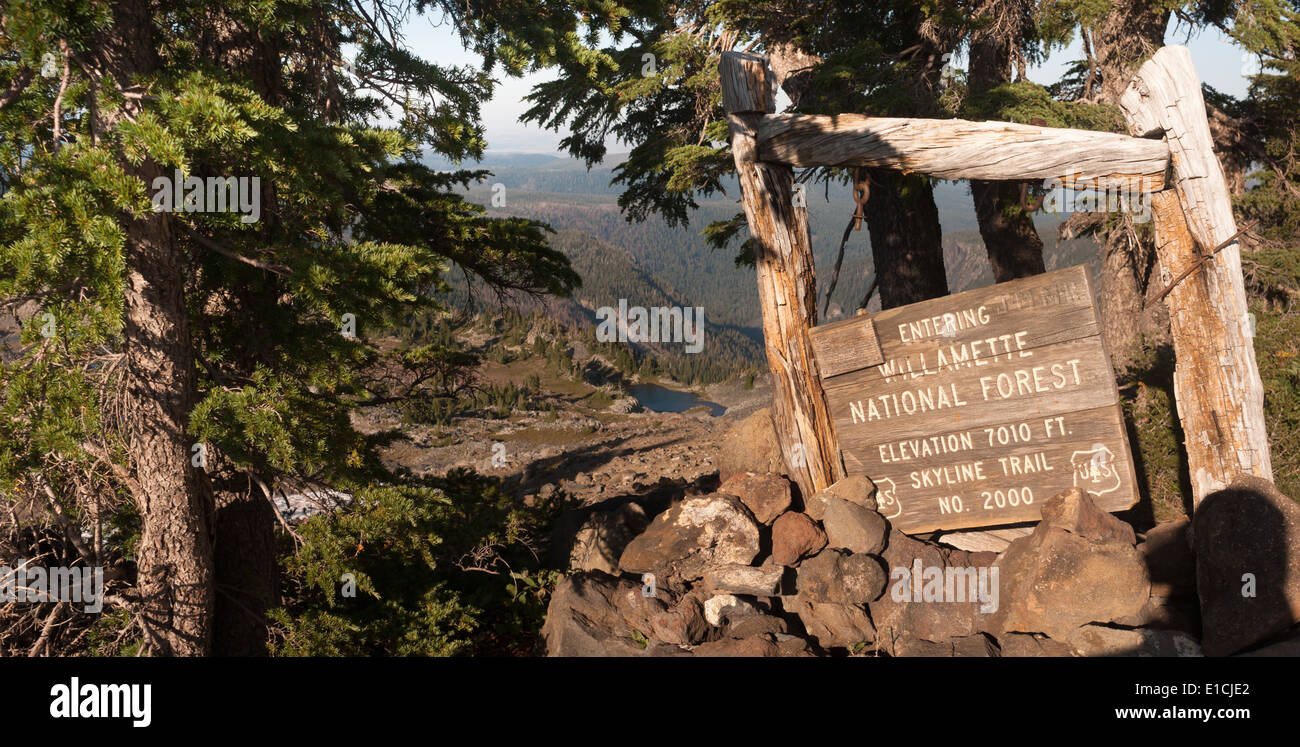 Weathered sign on high butte in the Oregon Cascade Mountains Stock Photo