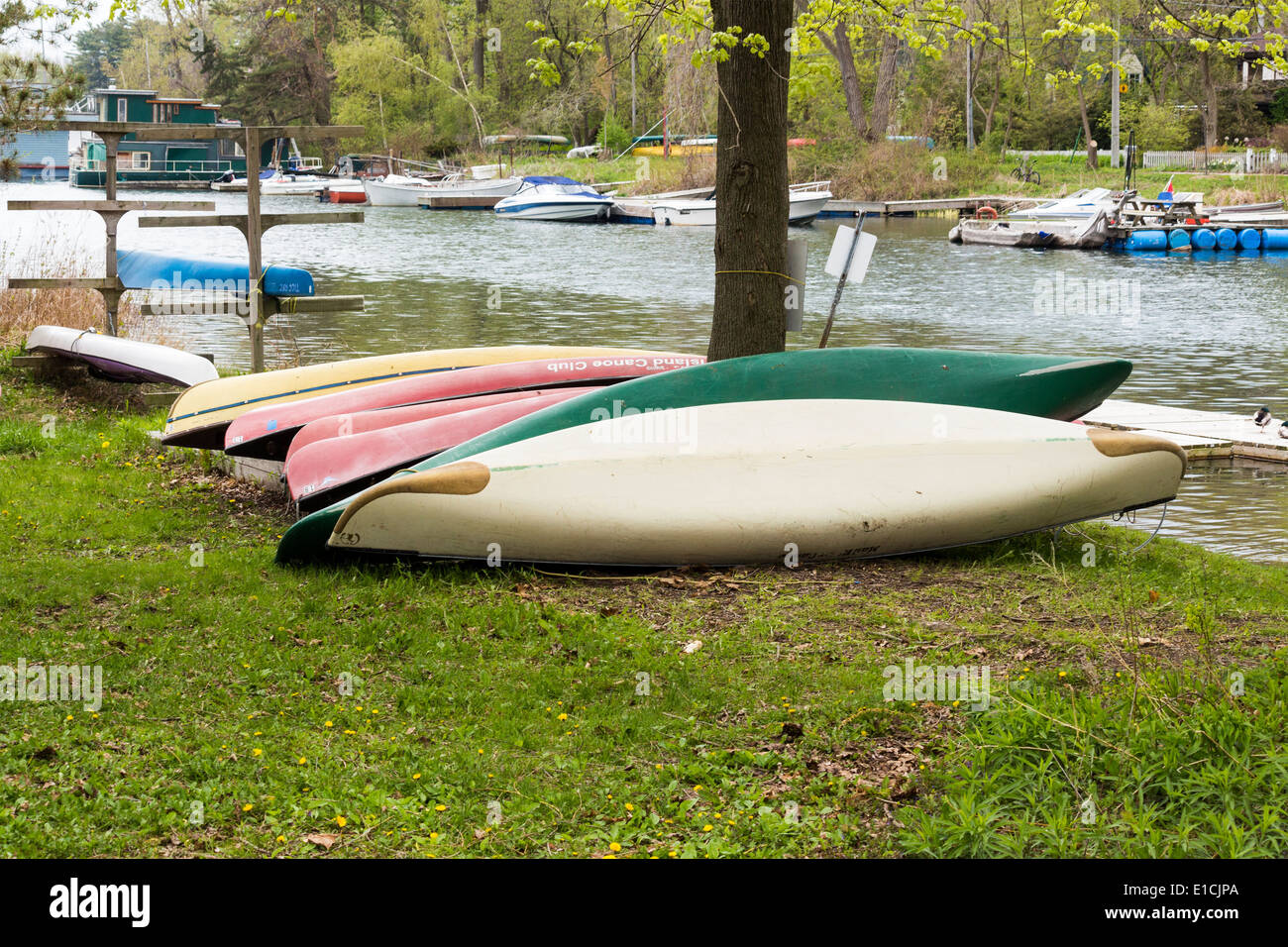 Canoes on the shore of Lake Ontario at Ward's Island at the Toronto Island Canoe Club Stock Photo
