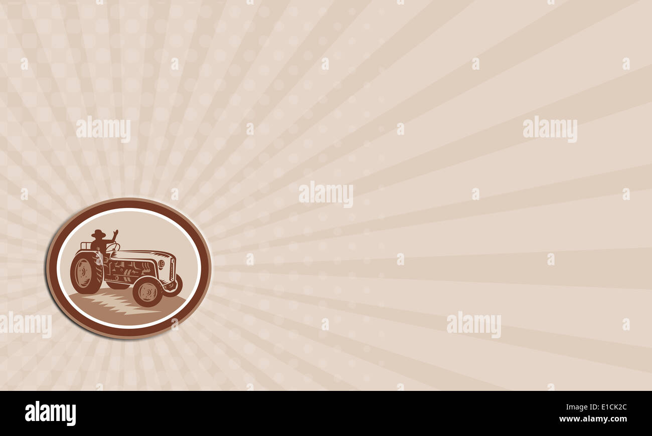 Business card showing illustration of a vintage tractor with driver waving set inside a circle done in retro style. Stock Photo