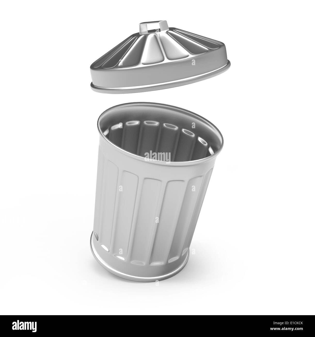 3d Steel waste bin with lid flying open Stock Photo