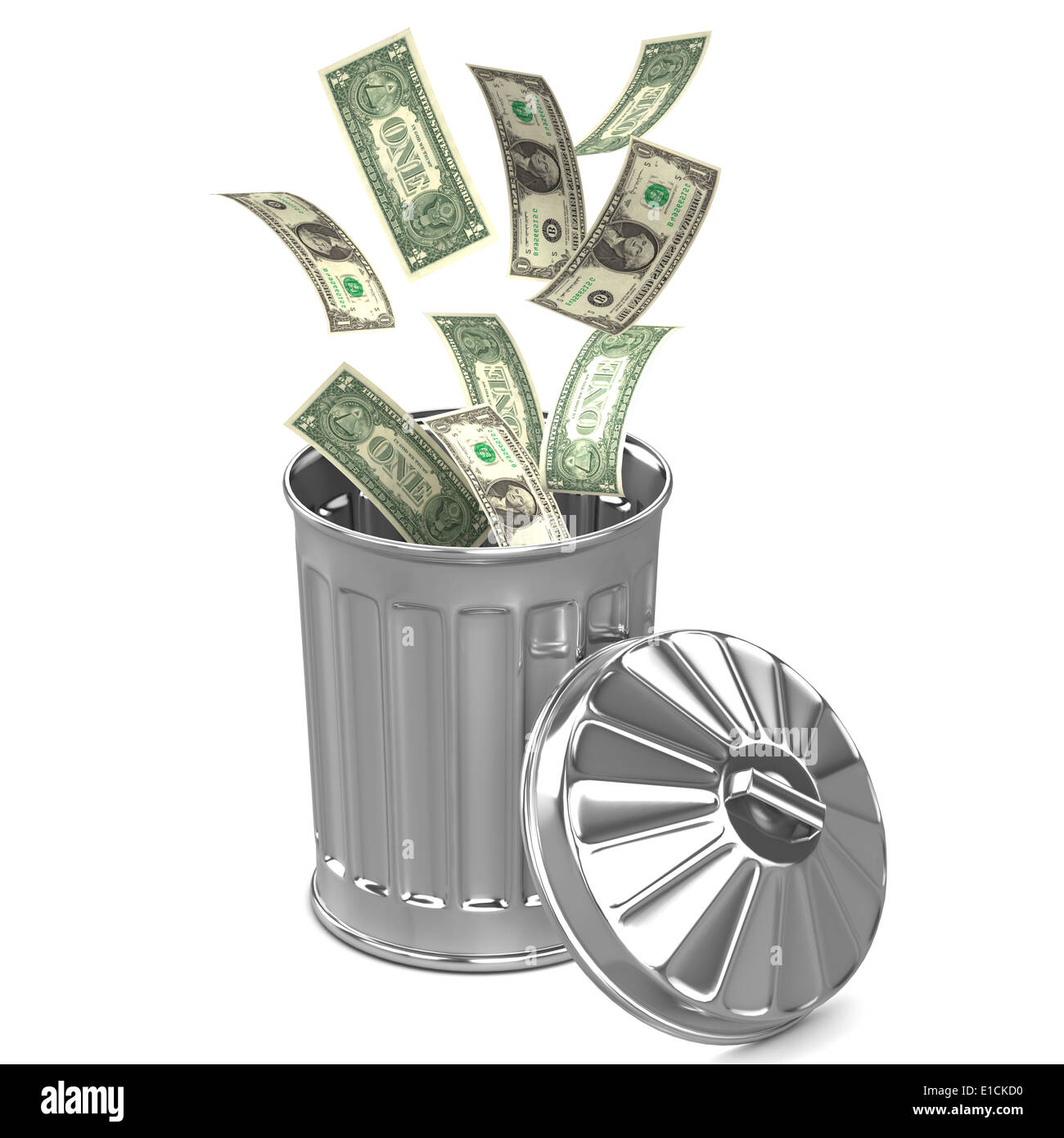 3d Galvanized steel bin with dollars Stock Photo
