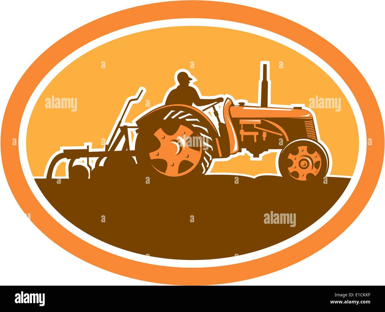 Illustration of a farmer driving riding vintage tractor plowing field ...