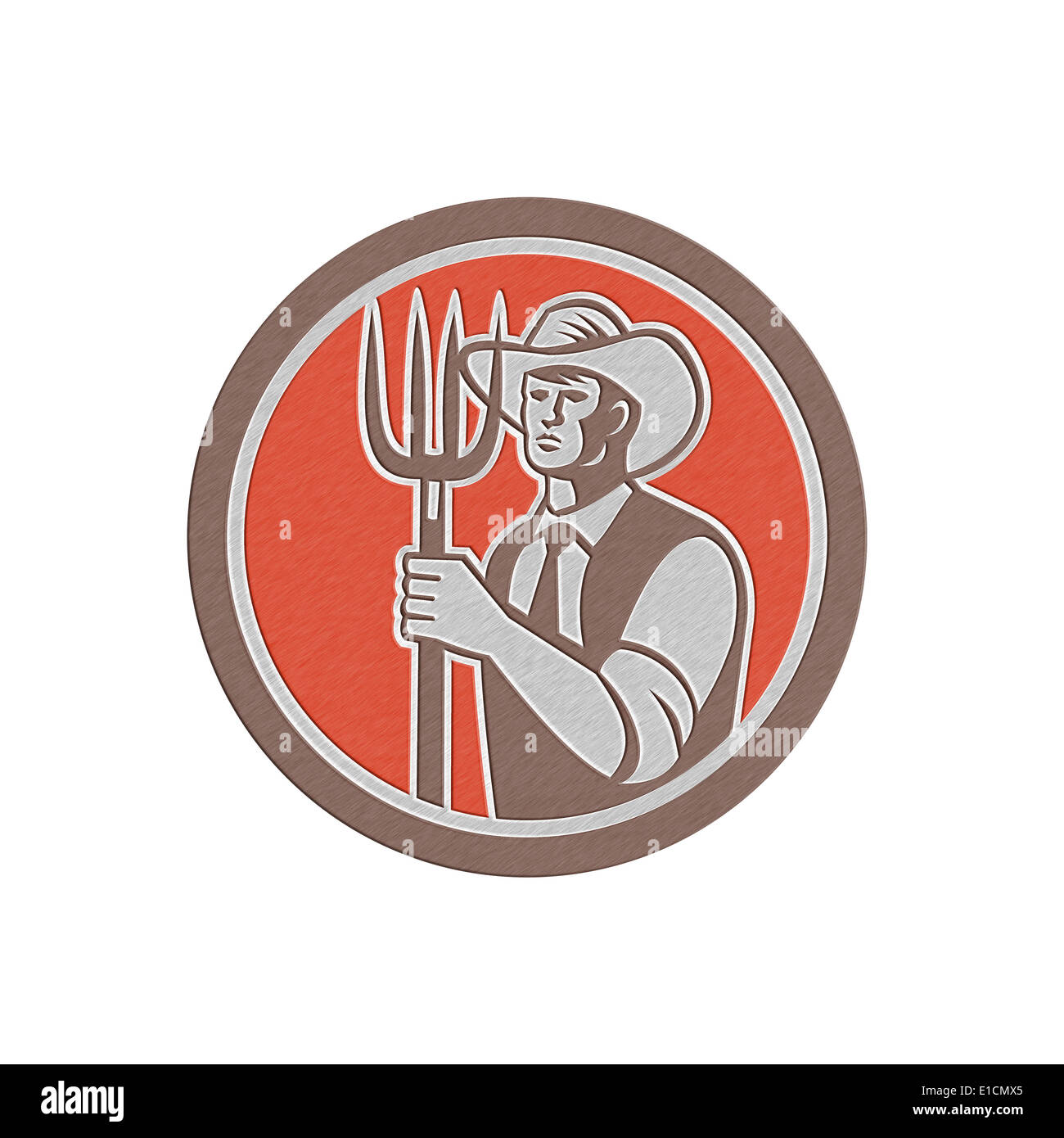 Metallic styled illustration of a farmer holding a pitchfork facing ...