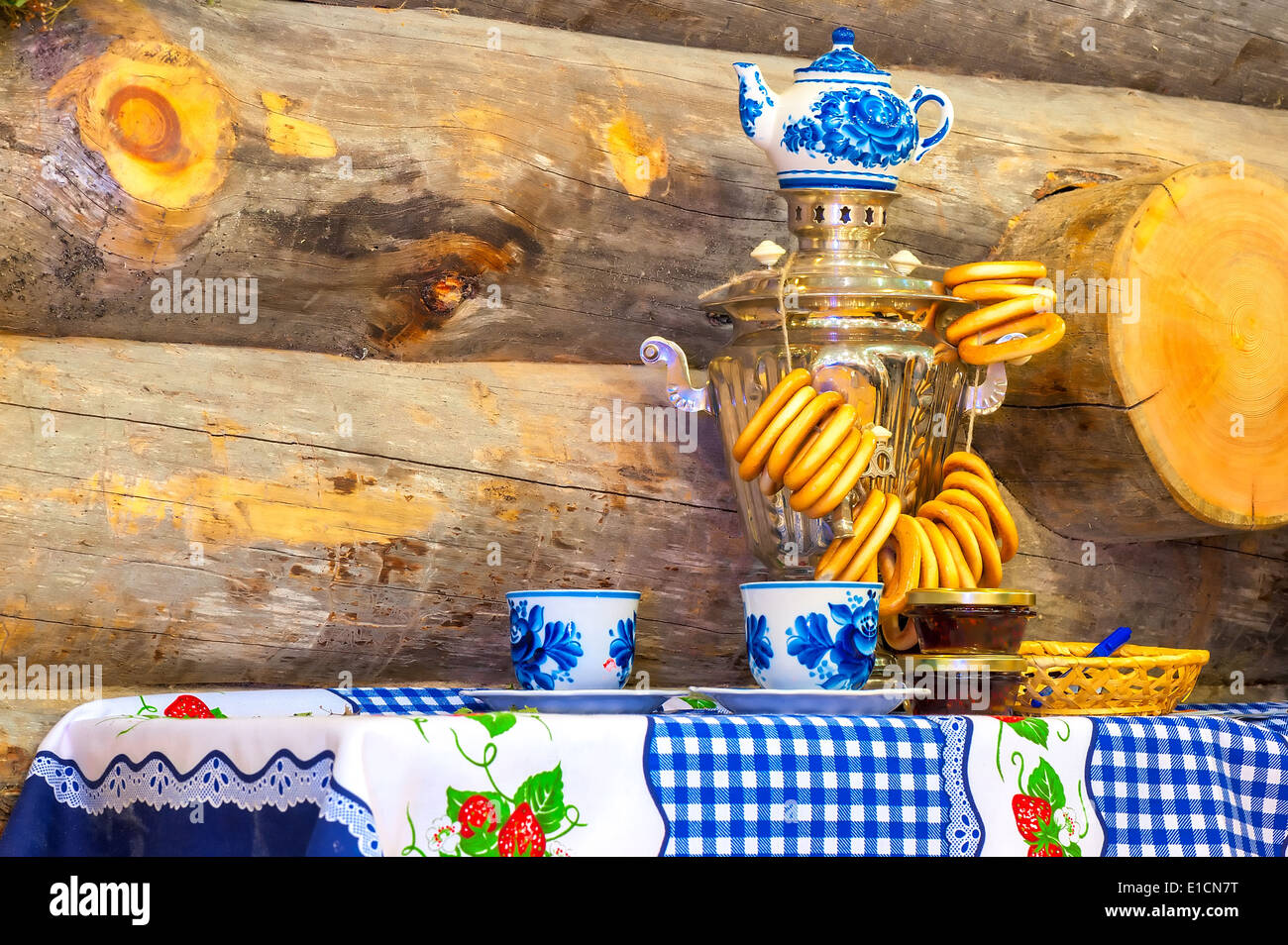traditionally shining Russian samovar on the table Stock Photo