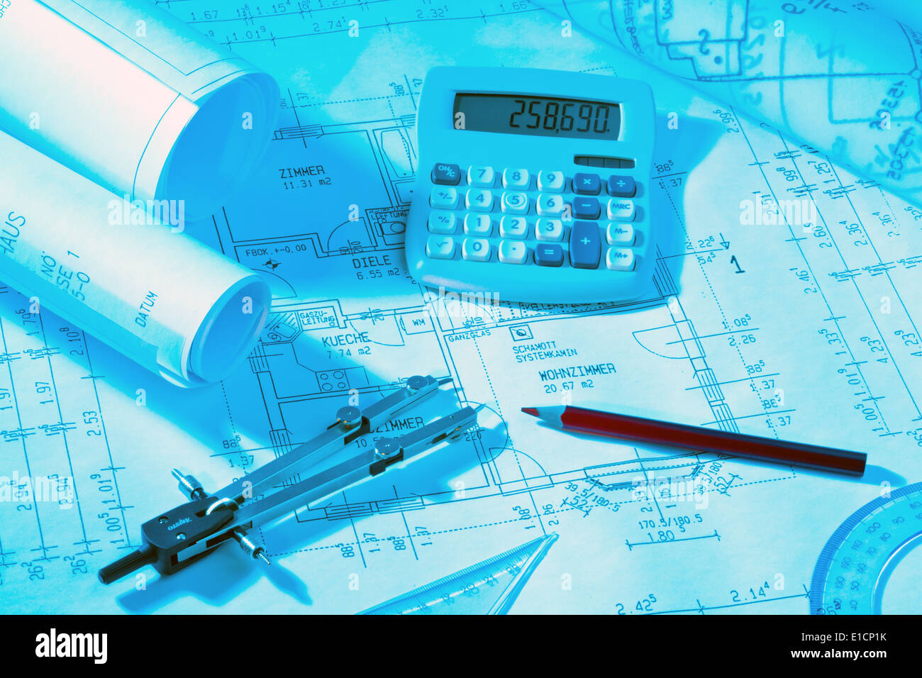 Blueprint for a house. drawings and blueprints of an architect Stock