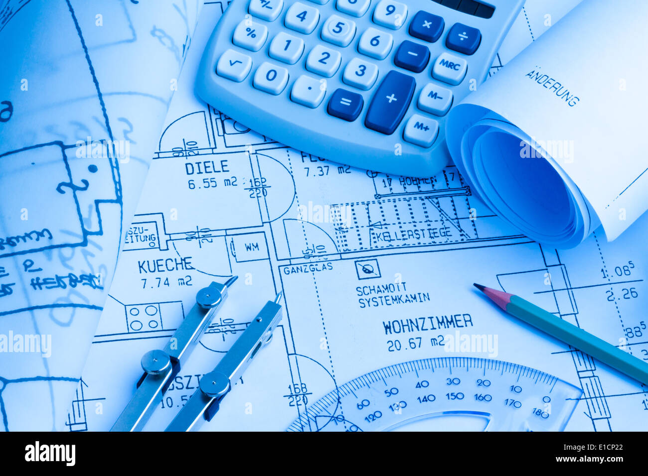Blueprint for a house. drawings and blueprints of an architect Stock