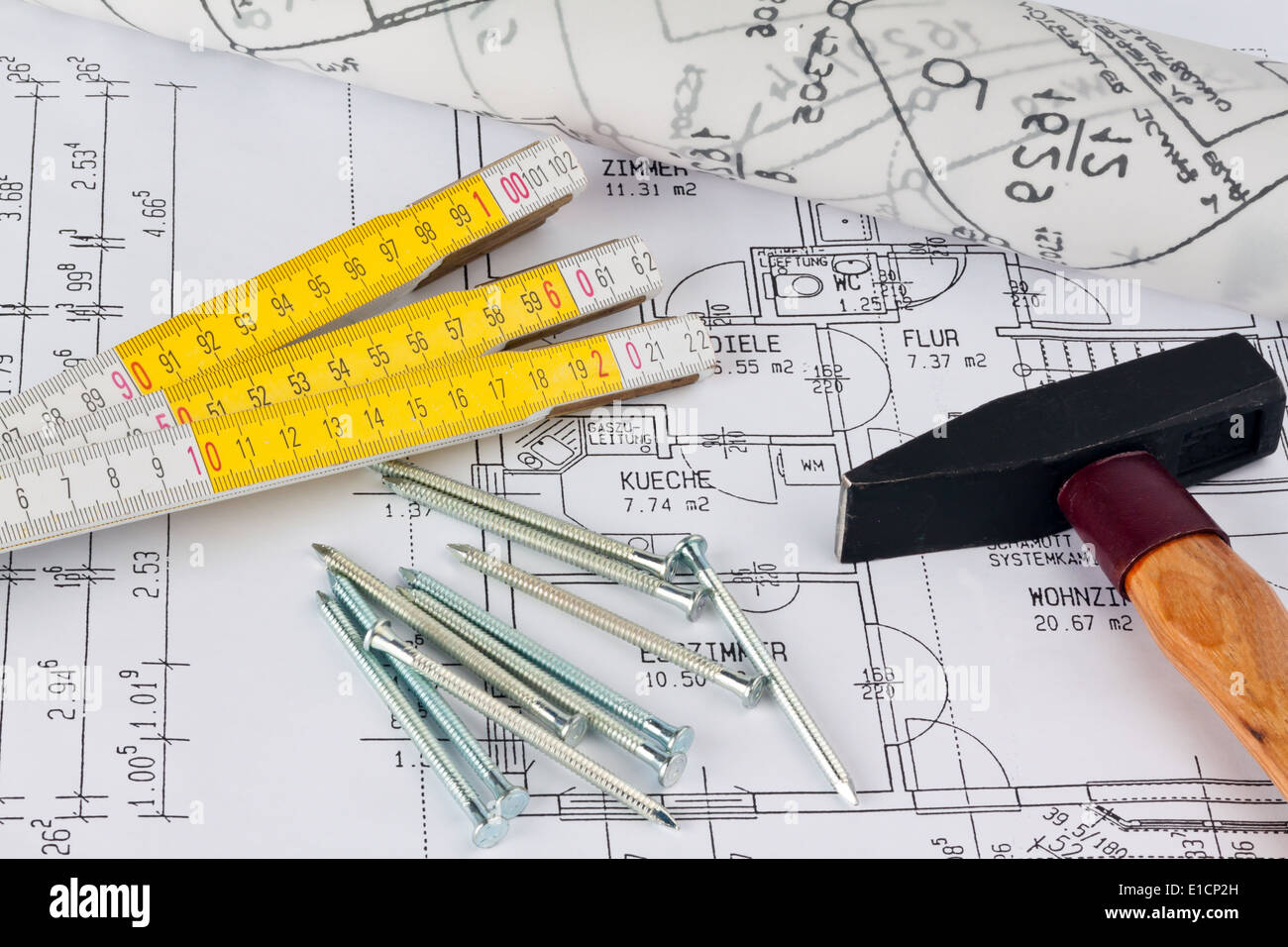 Blueprint for a house. drawings and blueprints of an architect Stock