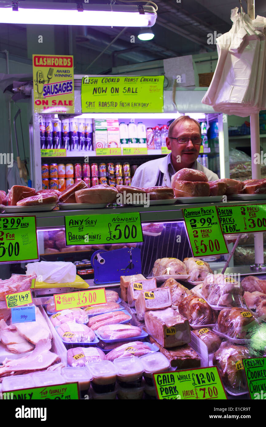 Birmingham indoor market meat vendor Stock Photo Alamy