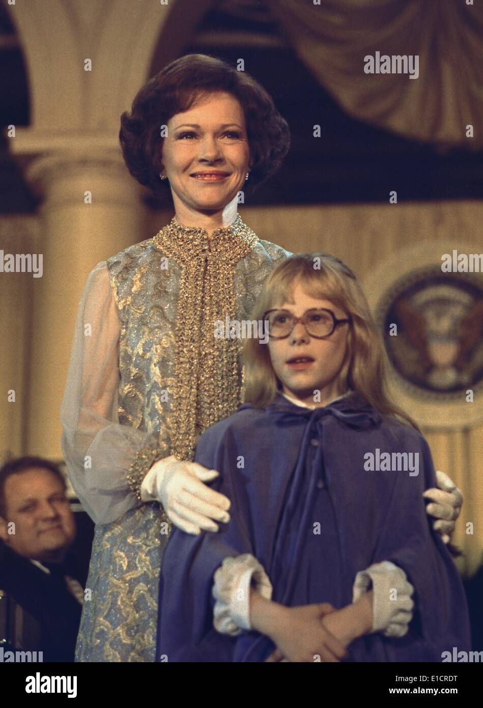 First Lady Rosalynn Carter and 10 year old daughter Amy attend an inaugural ball on January 20, 1977. Stock Photo