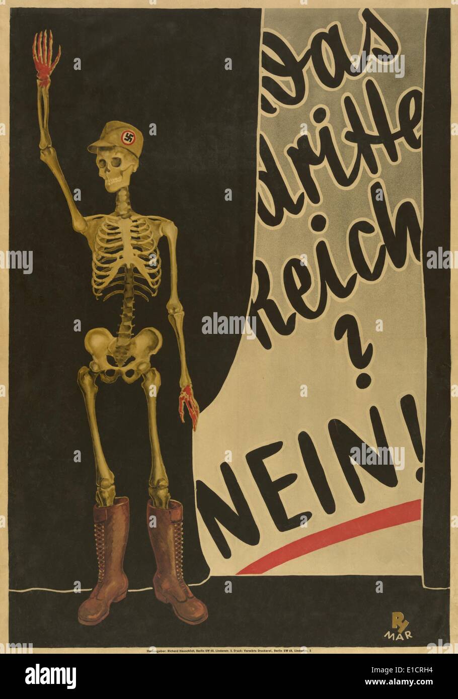 Anti-Nazi poster, ca. 1930 depicts skeleton with bloody hands, a hat with swastika on it, and boots that lace to the knee. The Stock Photo