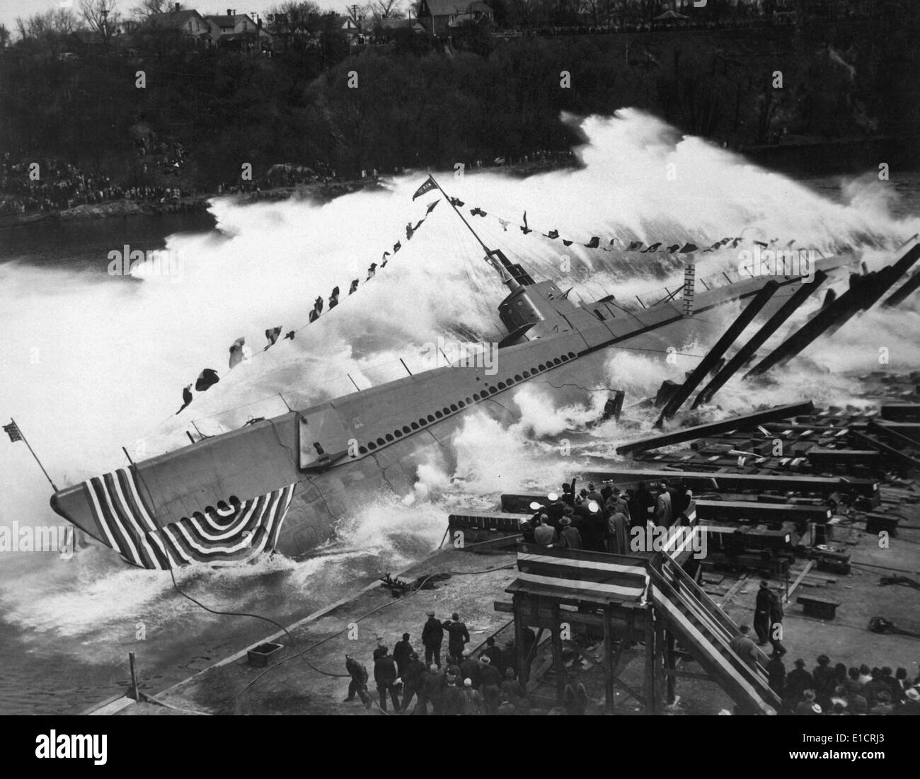 Launching of the submarine, the USS Robalo, at Manitowoc, Wisconsin, May 9, 1943. She was sunk on her third World War 2 patrol Stock Photo
