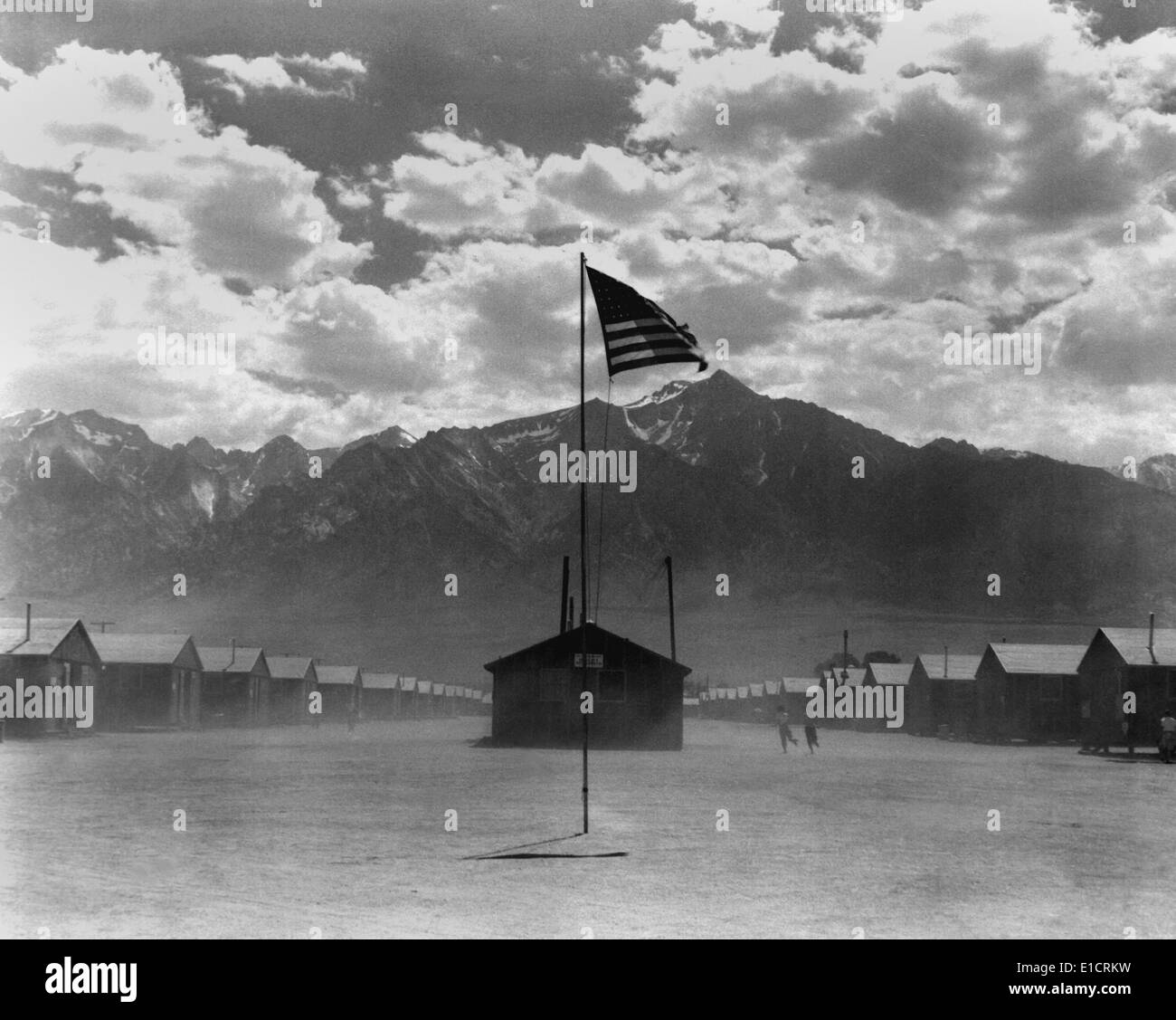 Dust storm at Manzanar internment camp for Japanese Americans for during World War 2. California, July 3, 1942. Photo by Stock Photo