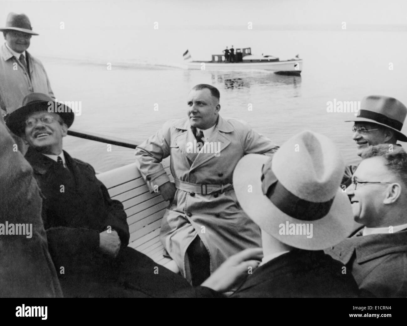 Martin Bormann (center) on a sightseeing boat, Lake Constance, Germany, May 1935. Bormann, as Hitler's private secretary, Stock Photo