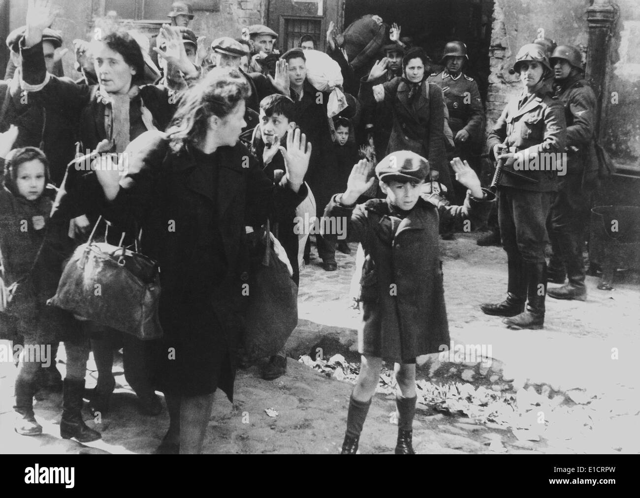 Jews captured by German soldiers during the Warsaw Ghetto Uprising, April 19-May 16, 1943. They were 'forcibly pulled out of Stock Photo