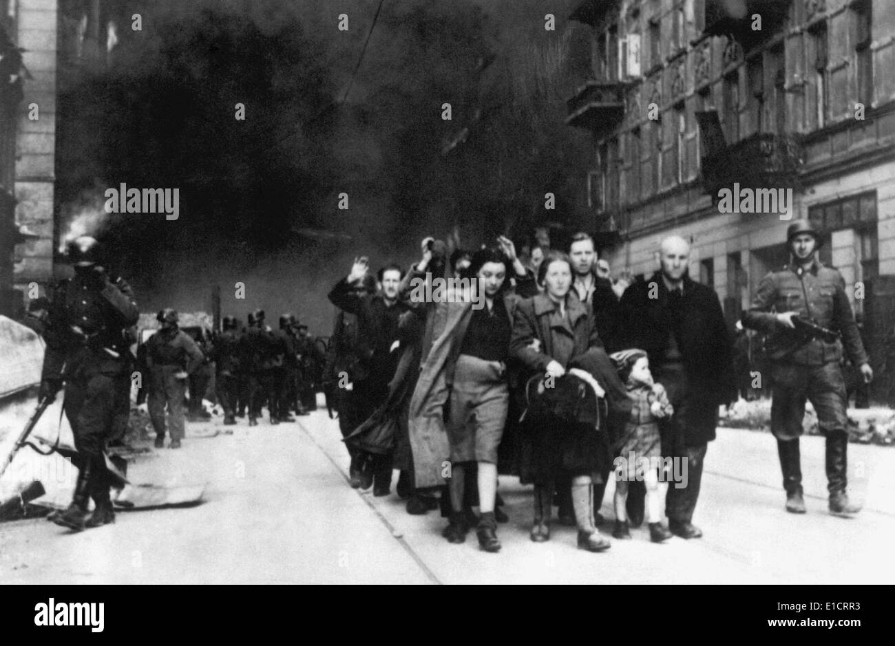 Jewish civilians 'forcibly pulled out of dug-outs' by Germans during the Warsaw Ghetto Uprising, April 19-May 16, 1943. Photo Stock Photo