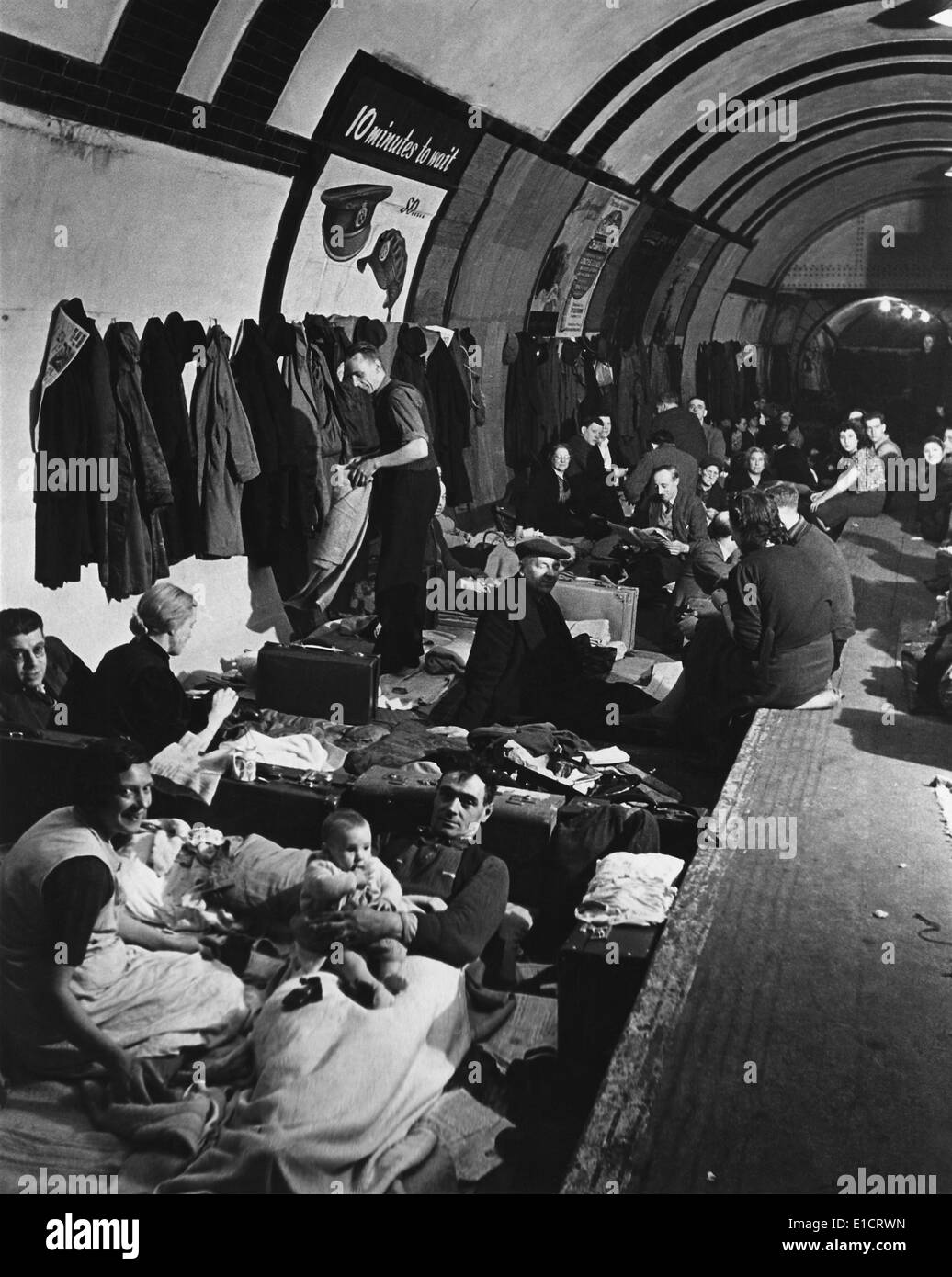 World War 2, Battle of Britain. Civilians in a London underground railroad tube converted into a West End bomb shelter in the Stock Photo