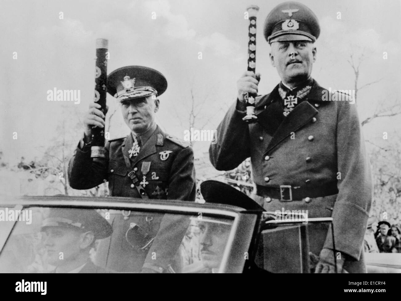 Romanian leader, Ion Antonescu, and Field Marshal Wilhelm Keitel in a victory parade in Bucharest. Late 1941, celebrating the Stock Photo